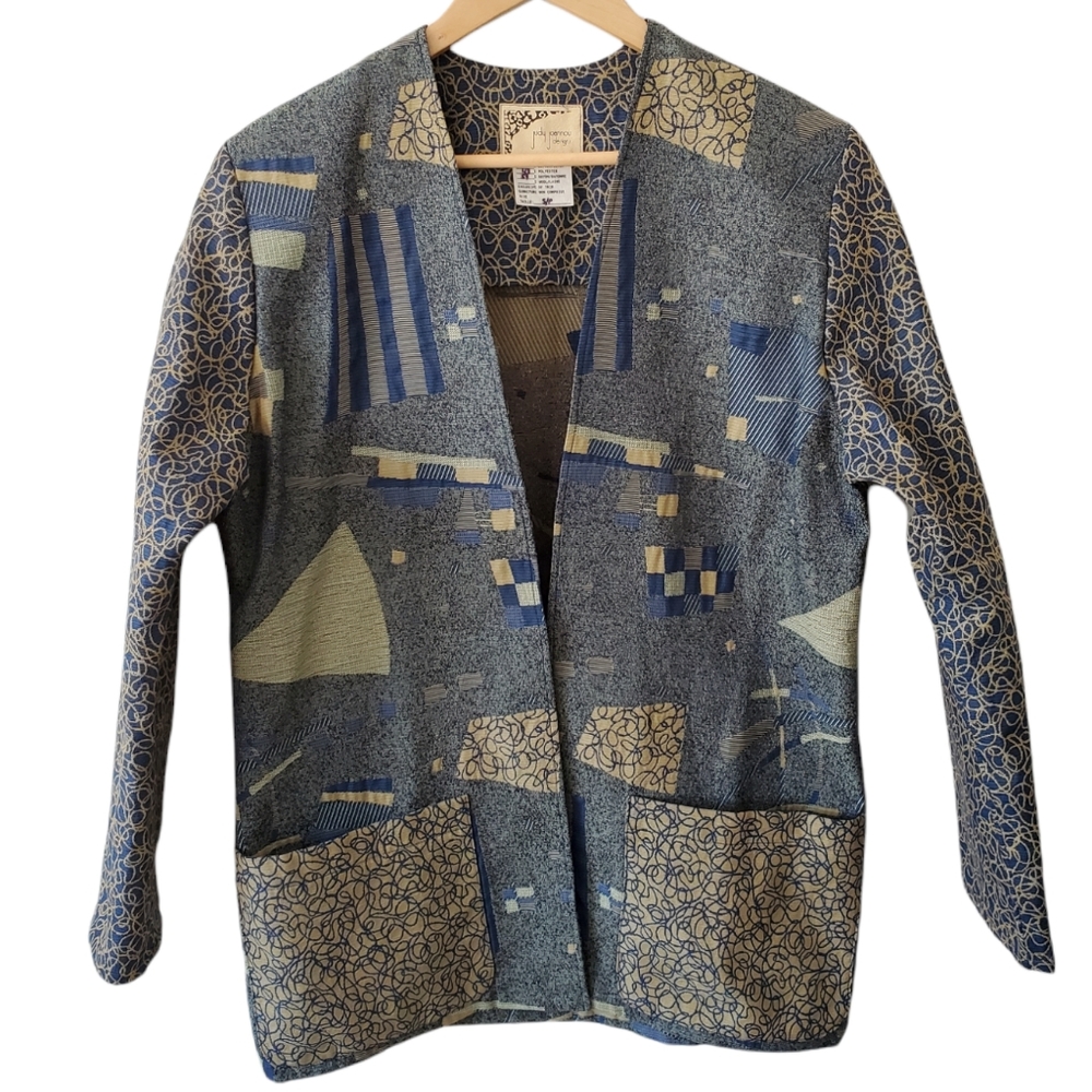 Judy Joannou Designs Canadian Unique Green Blue Cream Open Front Blazer Jacket S